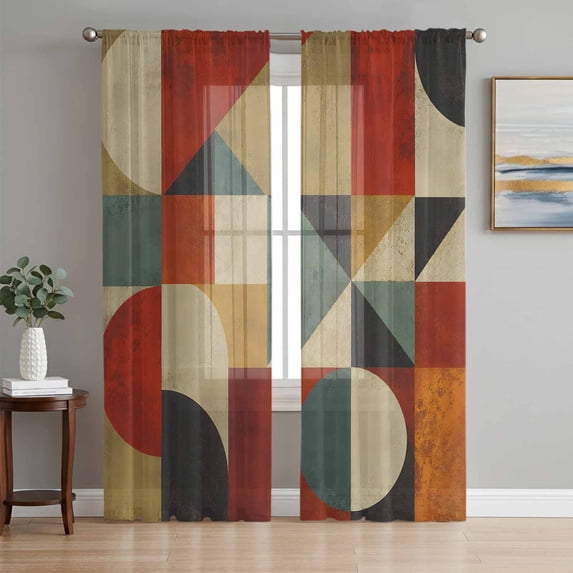 Middle Century Sheer Curtains 96 Inch Length 2 Panels Set, Abstract Orange Brown Blue Retro Geometric Voile Window Treatment Semi Sheer Long Curtains Drapes for Bedroom/Living Room/Kitchen 52"x96"x2