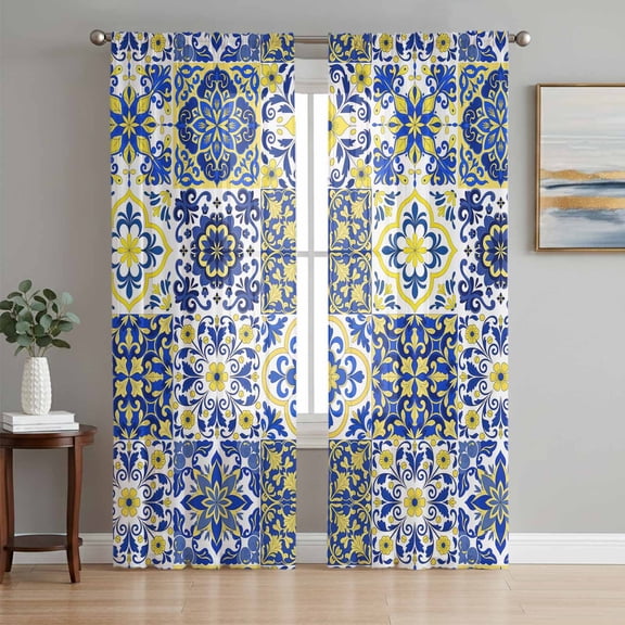 Middle Century Sheer Curtains 96 Inch Length 2 Panels Set for Living Room/Bedroom, Vintage Farmhouse Bohemia Style Blue Semi Curtain Sheers Drapes Rod Pocket Curtains Window Treatment Set 52''x96''x2