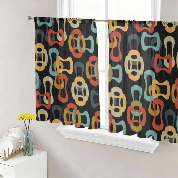 Middle Century Sheer Curtains for Living Room Bedroom Abstract Geometric Colorful Rings Black Sheer Curtains 45 Inch Long 2 Panels Set Light Filtering Curtain Window Treatments Drapes for Dining Room