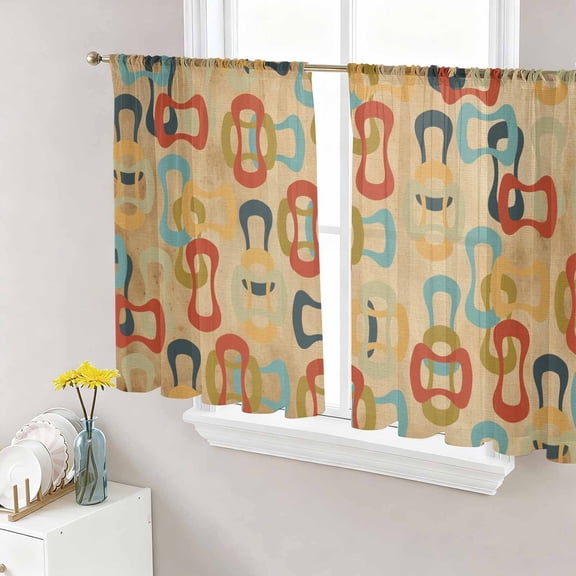 Middle Century Sheer Curtains for Living Room Bedroom Abstract Geometric Colorful Rings Brown Sheer Curtains 45 Inch Long 2 Panels Set Light Filtering Curtain Window Treatments Drapes for Dining Room