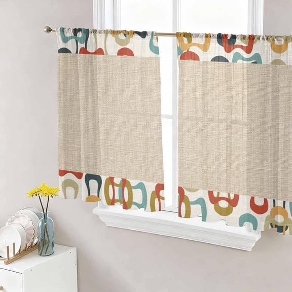 Middle Century Sheer Curtains for Living Room Bedroom Abstract Geometric Colorful Rings Retro Beige Sheer Curtains 45 Inch Long 2 Panels Set Light Filtering Curtain Window Treatments Drapes