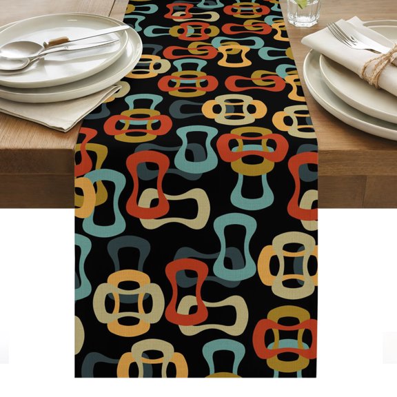 Middle Century Table Runner Abstract Geometric Colorful Rings Black Tablerunners 13 x 36 Inch, Table Decorations Tabletop Scarf for Summer Gathering Holiday Farmhouse Kitchen Dining Decor