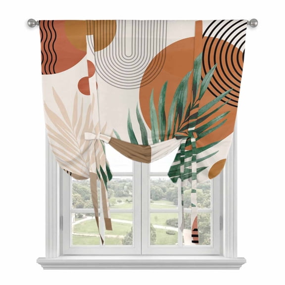 Middle Century Tie Up Curtains for Windows, Adjustable Balloon Window Shades, Orange Brown Boho Abstract Geometric Kitchen Window Treatments Adjustable Roll Up Curtain for Basement/Nursery 52"x45"