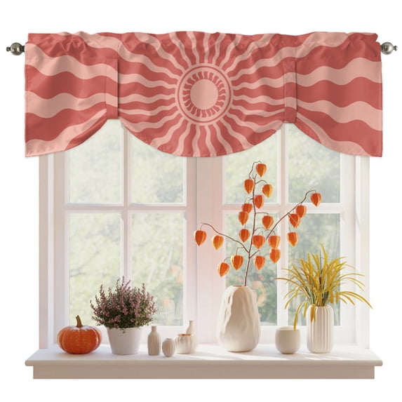 Middle Century Tie Up Valance Curtains for Windows, Kitchen Curtains Window Treatments, Vintage Abstract Sunshine Bohemia Red Short Window Shades Valances for Bedroom Bathroom Cafe 54"x18"