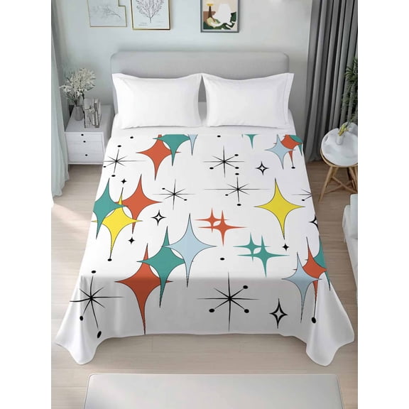 Middle Century Twim Size Flat Sheet, Wrinkleproof & Fadeproof Cooling Flat Bed Sheet Only, Boho Abstract Art Teal Orange Rhomboid Breathable Soft Bedding Top Sheets 66 x 96 Inches