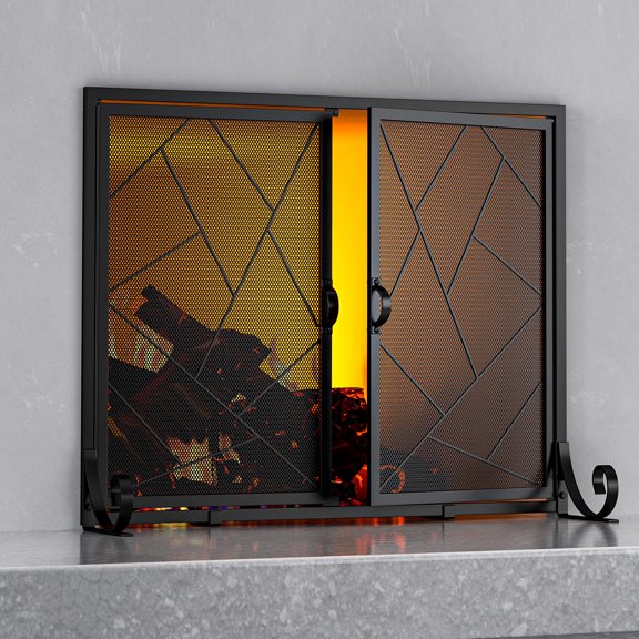 Middle Decorative Fireplace Screen With Hinged Doors, Black Steel Frame
