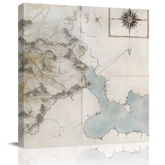 Middle Earth Map on Retro Canvas Artwork Painting Art, Abstract Mountain Blue Lake Square Framed Wall Decorations Prints Picture for Bedroom Kitchen Living Room, 16x16 in