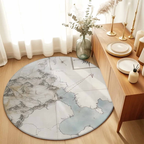 Middle Earth Map on Retro Round Area Rug 3ft,Living Room Rug Non-Slip Washable Circle Rugs Pad,Abstract Mountain Blue Lake Soft Floor Carpet for Bedroom Dining Room