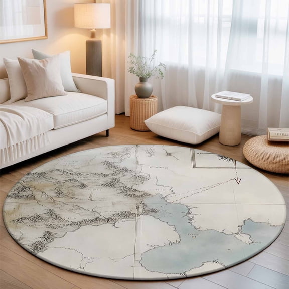 Middle Earth Map on Retro Round Rug 5ft Abstract Mountain Blue Lake Washable Area Rugs for Living Room Bedroom Entryway Non Slip Entrance Door Mat Indoor Floor Carpet