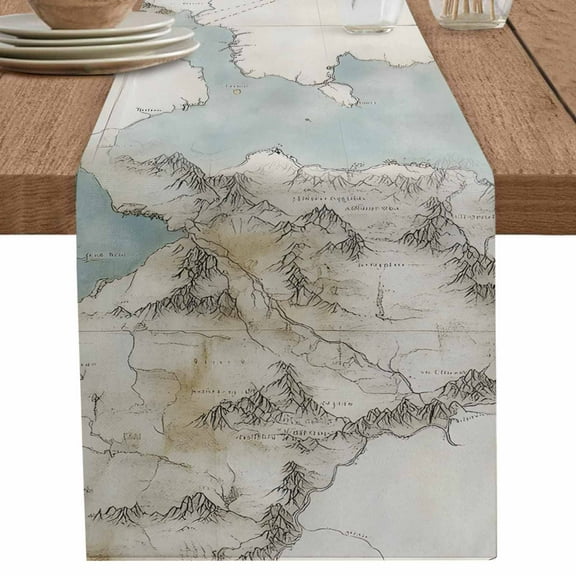 Middle Earth Map on Retro Table Runner-36 Inch Long Abstract Mountain Blue Lake Table Runners Linen Burlap Tablerunner for Kitchen Dining Room Holiday Party
