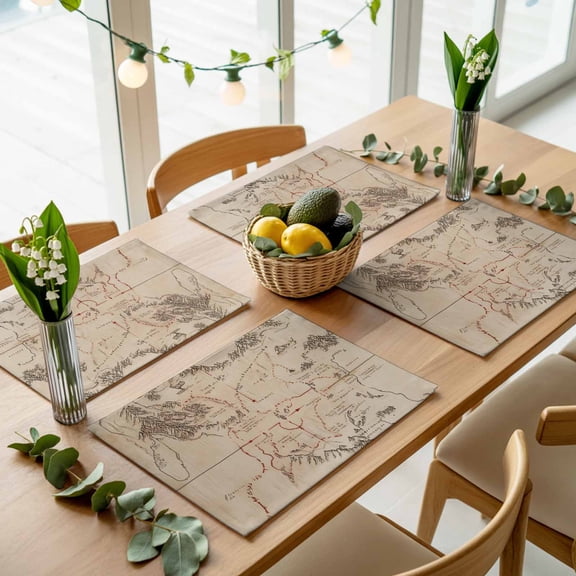 Middle Earth Map on Vintage Placemats Set of 4,Wipeable Washable Table Mats for Dining Tables, Abstract Mountain Place Mats for Kitchen Event Party Tabletop Decor