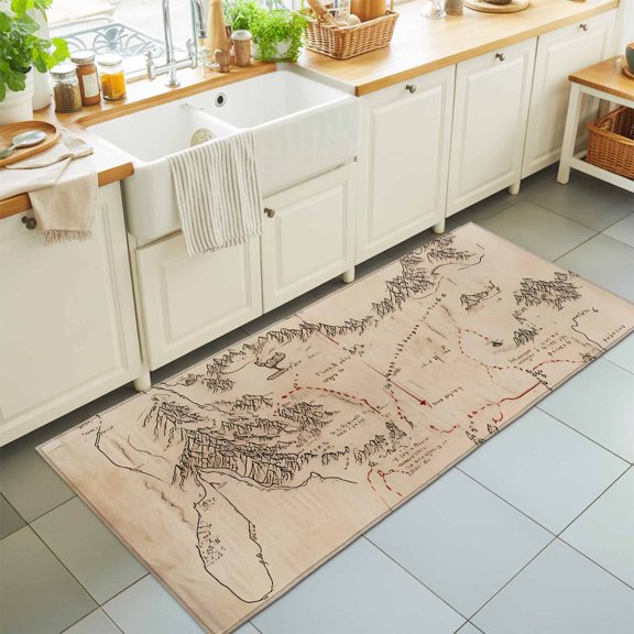 Middle Earth Map on Vintage Rectangle Rug 2'x6' Abstract Mountain Washable Area Rugs for Living Room Bedroom Entryway Non Slip Entrance Door Mat Indoor Floor Carpet