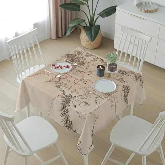 Middle Earth Map on Vintage Table Cloth 54x54in, Waterproof Square Tablecloth Wipeable Tablecloths Abstract Mountain Table Covers for Dining Tables Party Indoor Outdoor