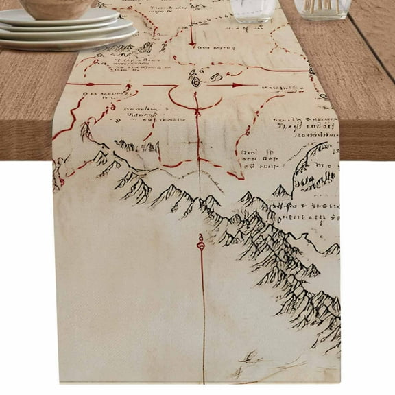 Middle Earth Map on Vintage Table Runner-70 Inch Long Abstract Mountain Table Runners Linen Burlap Tablerunner for Kitchen Dining Room Holiday Party