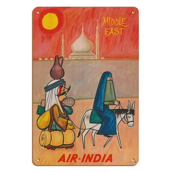 Middle East - Air India - Maharajah with Burka Veiled Woman - Vintage Airline Travel Poster by J. B. Cowasji c.1950s - 8 x 12 inch Vintage Wood Art Sign