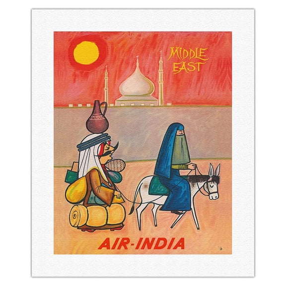 Middle East - Air India - Maharajah with Burka Veiled Woman - Vintage Airline Travel Poster by J. B. Cowasji c.1950s - Fine Art Rolled Canvas Print 16in x 20in