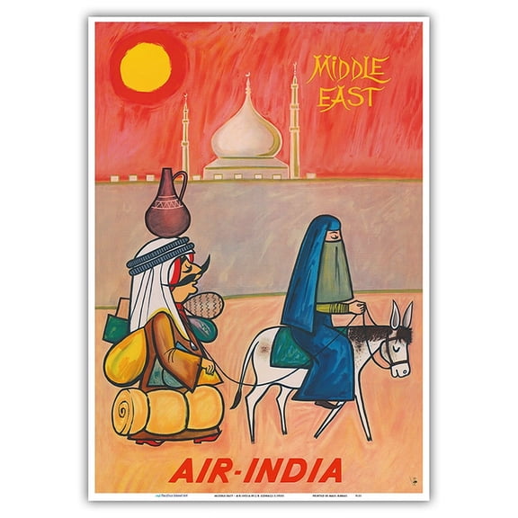 Middle East - Air India - Maharajah with Burka Veiled Woman - Vintage Airline Travel Poster by J. B. Cowasji c.1950s - Master Art Print 10in x 14in