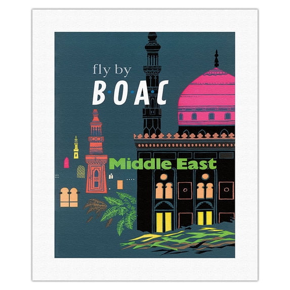 Middle East - British Overseas Airways Corporation Fly by BOAC - Vintage Airline Travel Poster by Dick Negus & Philip Sharland c.1954 - Fine Art Rolled Canvas Print 16in x 20in