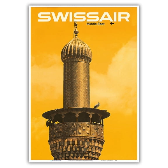 Middle East - Mosque Minaret - Swissair - Vintage Airline Travel Poster by Manfred Bingler c.1964 - Master Art Print 10in x 14in