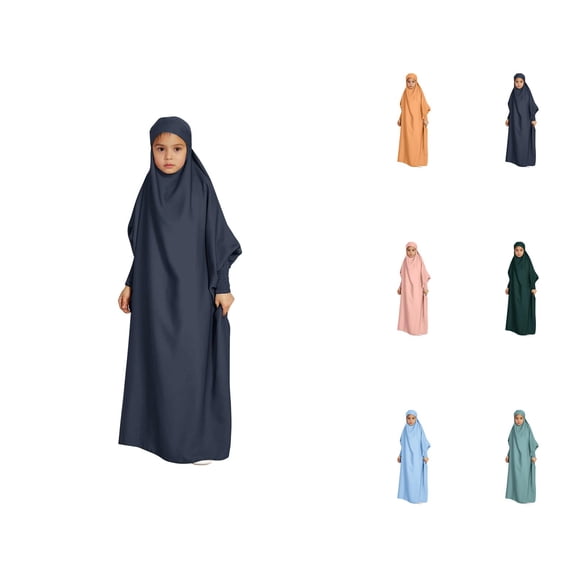 Middle Eastern Hooded Dress for Kids – Batwing Sleeve Solid Maxi Gown, Modest Casual Wear, Cultural Counterpart to Pink Dress for Girls Ensemble