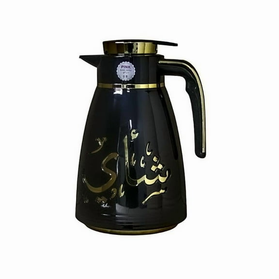 Middle Eastern Hot Cold Water Tea Coffee Vacuum Insulated Flask Glass liner 1-Liter Large Capacity Push Button Lid Black Gold