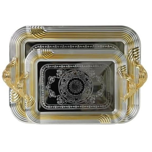 Middle Eastern Iranian Persian Turkish Serving Tea Fruit Nuts Tray 2-Piece Set 18"+14" Rectangle Silver Gold Plated Stainless Steel