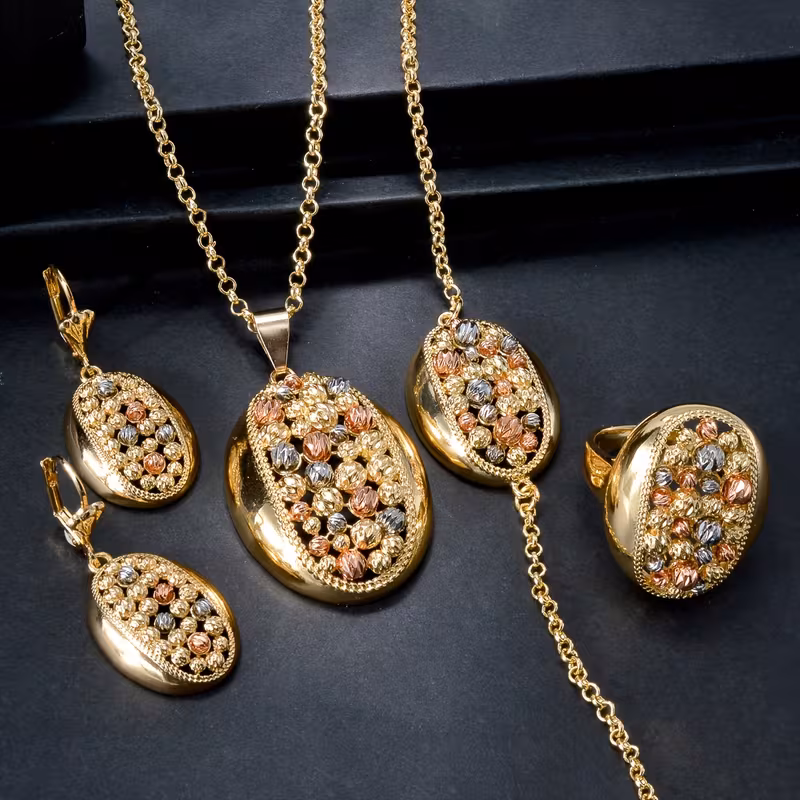Middle Eastern Style 4-Piece Gold Jewelry Set, Copper Base Colorful Bead Necklace, Bracelet, Ring & Earrings, Elegant Arabic Wedding & Party Gift for Women
