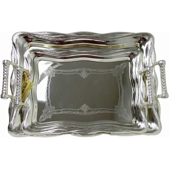 Middle Eastern Turkish Iranian Persian Arab Afgan Serving Tea Fruit Nuts Tray 2-Piece Set 17"+14" Silver Pattern