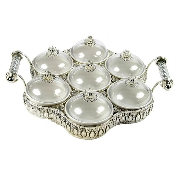 Middle Eastern Turnkish Arabic 7-Sectional Salsera Round Serving Tray Chips Guacamole Nuts Condiment Server Traditional Ceramic W/Glass Metal Tops Silver Color