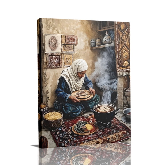 “Middle Eastern Woman Preparing Food in Rustic Kitchen (Warm Tone)” Traditional Canvas Wall Art Ready to Hang for Living Room and Bedroom