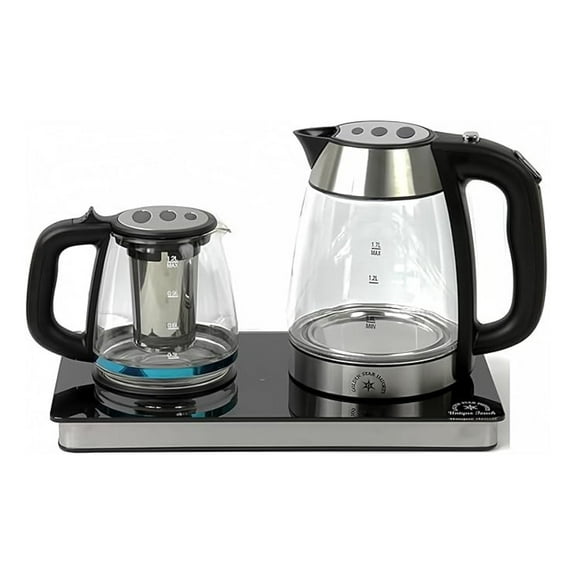 Middle Persian Iranian Russian Arab Turkish Style Electric Cordless Tea Maker Samovar Stainless Steel Glass Double Kettle Smart Keep Warm Tray Plate