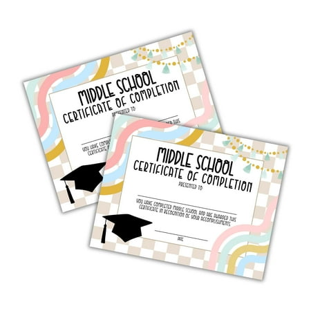 Middle School 6th Grade Graduation Certificate of Completion Award 30pk 8.5x11 End of Year Hand Out Tan Neutral Checkered Modern 90s Smiley Faces Friendship Bracelets