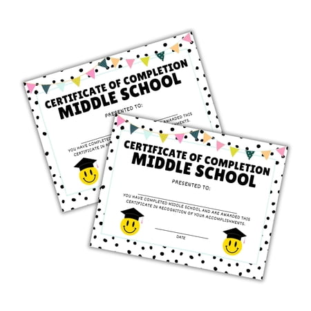 Middle School Certificate of Completion Graduation Diploma 30pk 8.5x11 Smiley Face Daisy 90s Seed Bracelet Checkered Neutral Award Theme Trendy