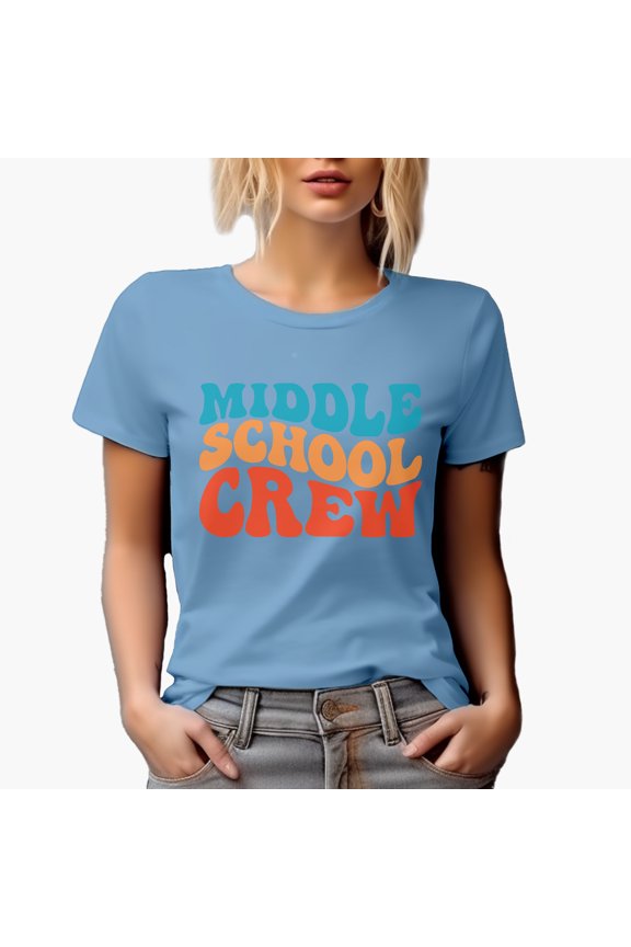 Middle School Crew, Groovy Retro Wavy Text Merch Gift, Baby Blue T-Shirt, XL