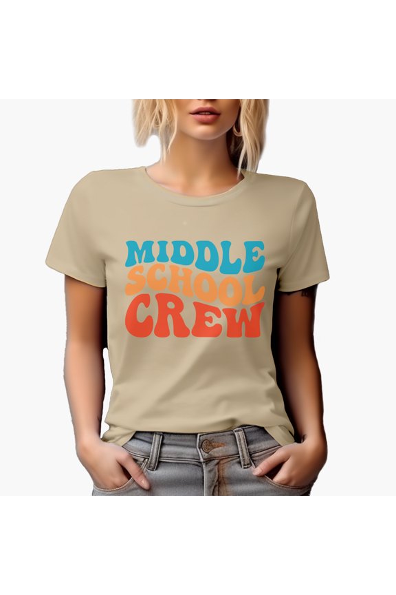 Middle School Crew, Groovy Retro Wavy Text Merch Gift, Tan T-Shirt, Medium