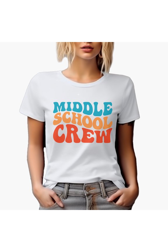 Middle School Crew, Groovy Retro Wavy Text Merch Gift, White T-Shirt, Medium