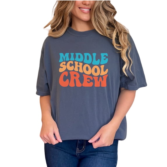 Middle School Crew, Teacher or Teaching & Student Themed, Groovy Retro Wavy Text, Denim Comfort Colors T-Shirt, Medium