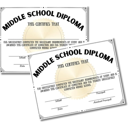 Middle School Diploma Graduation Certificate 100 pk 8.5 x 11 Homeschool Award for 8th Grade Ceremony for Teachers to Hand Out