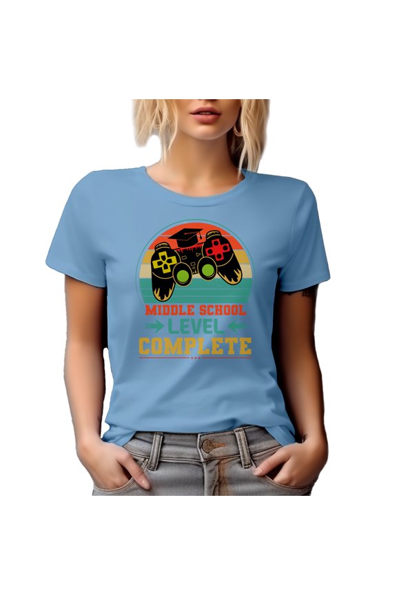 Middle School Level Complete, Retro Video Gamer Student Graduation Themed, Baby Blue T-Shirt, Large