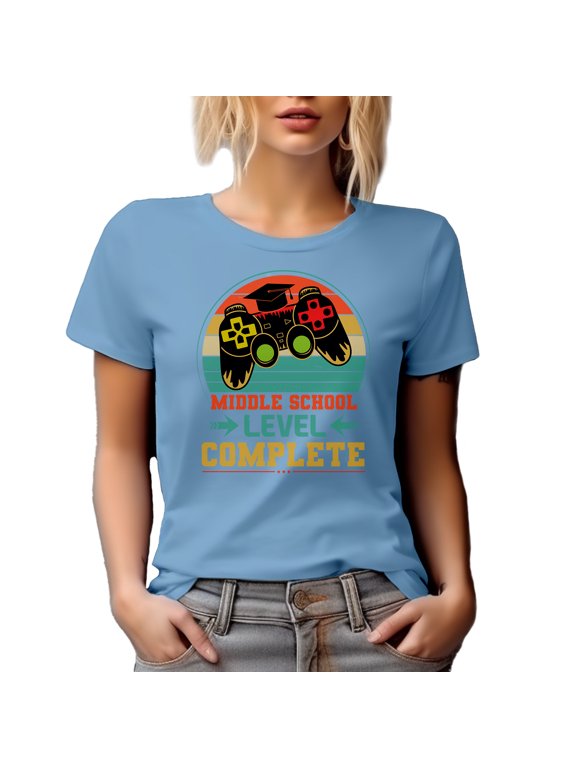 Middle School Level Complete, Retro Video Gamer Student Graduation Themed, Baby Blue T-Shirt, XL