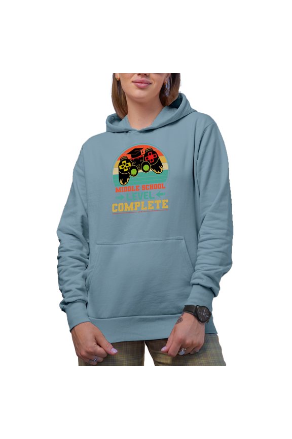 Middle School Level Complete, Retro Video Gamer Student Graduation Themed, Light Blue Hooded Sweatshirt or Hoodie, Small