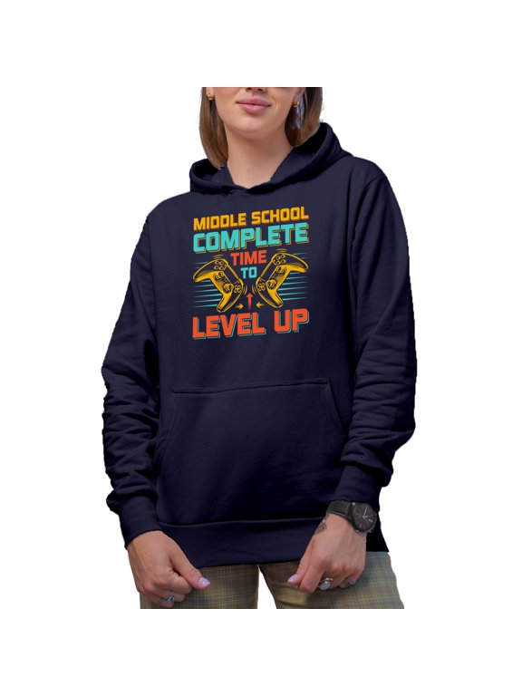 Middle School Level Complete - Retro Video Gamer Student Graduation Themed, Navy Blue Hooded Sweatshirt or Hoodie, 3XL