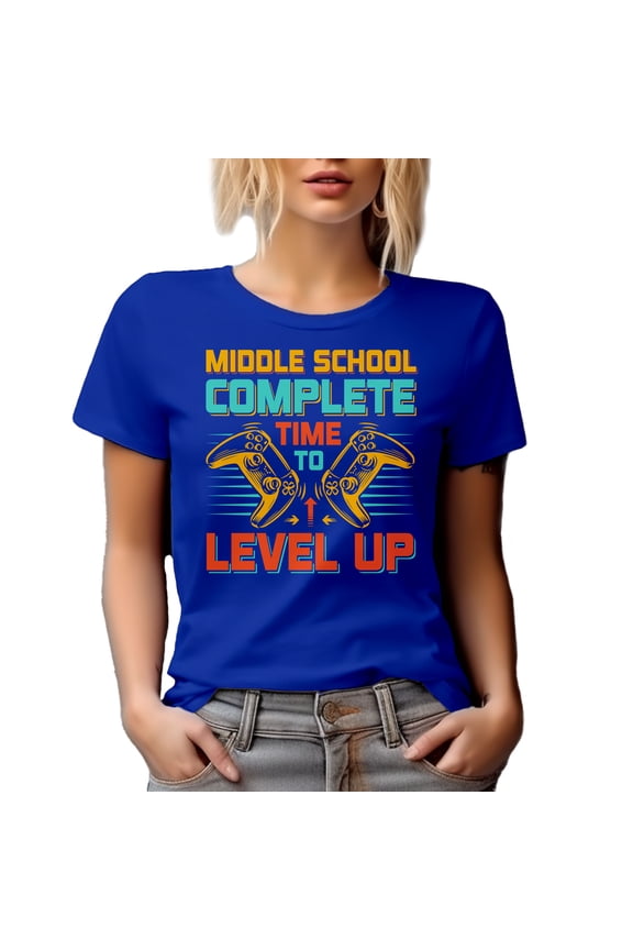 Middle School Level Complete - Retro Video Gamer Student Graduation Themed, Royal Blue T-Shirt, Large