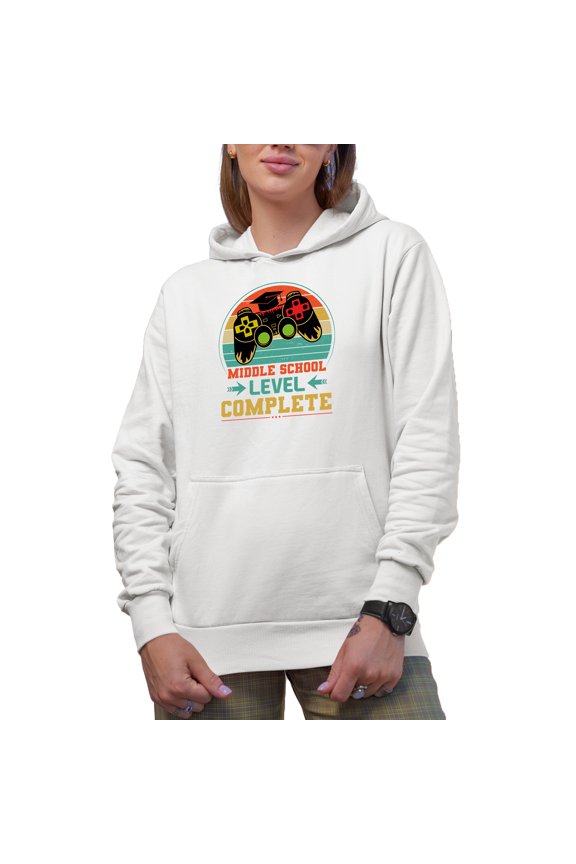 Middle School Level Complete, Retro Video Gamer Student Graduation Themed, White Hooded Sweatshirt or Hoodie, Small