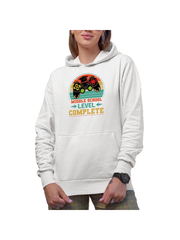 Middle School Level Complete, Retro Video Gamer Student Graduation Themed, White Hooded Sweatshirt or Hoodie, XL