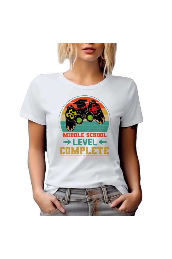 Middle School Level Complete, Retro Video Gamer Student Graduation Themed, White T-Shirt, Small