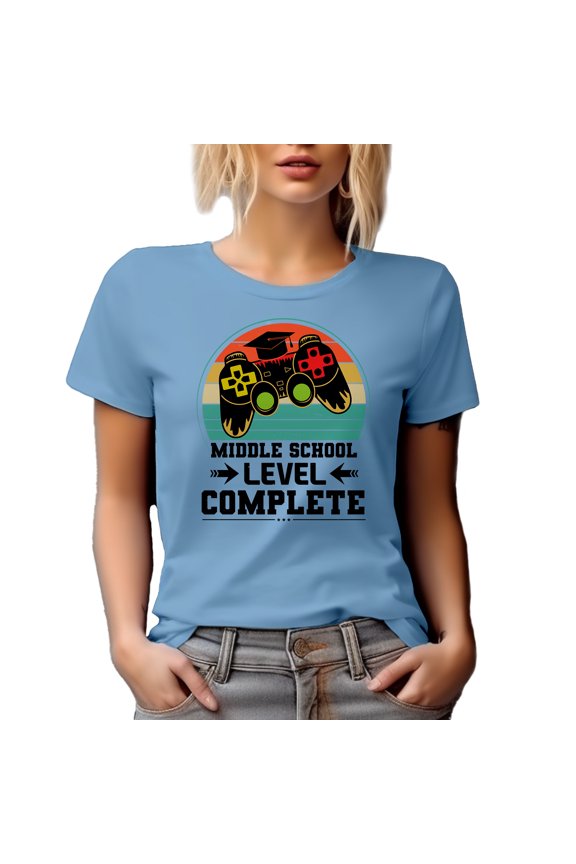 Middle School Level Complete, Video Gamer Student Graduation Themed, Baby Blue T-Shirt, Small