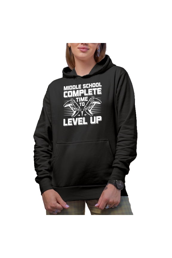 Middle School Level Complete - Video Gamer Student Graduation Themed, Black Hooded Sweatshirt or Hoodie, Small