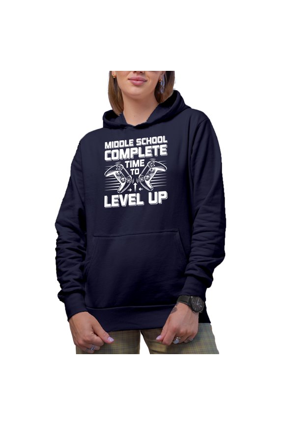 Middle School Level Complete - Video Gamer Student Graduation Themed, Navy Blue Hooded Sweatshirt or Hoodie, Small