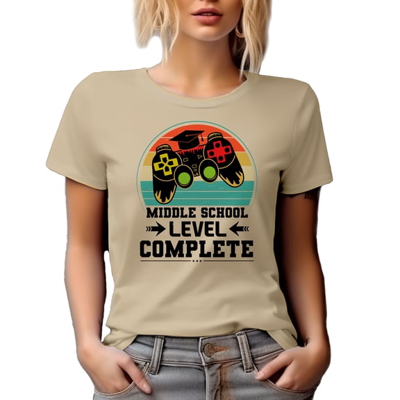 Middle School Level Complete, Video Gamer Student Graduation Themed, Tan T-Shirt, Small